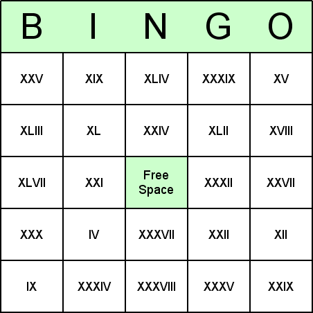Roman Numeral Bingo Card
